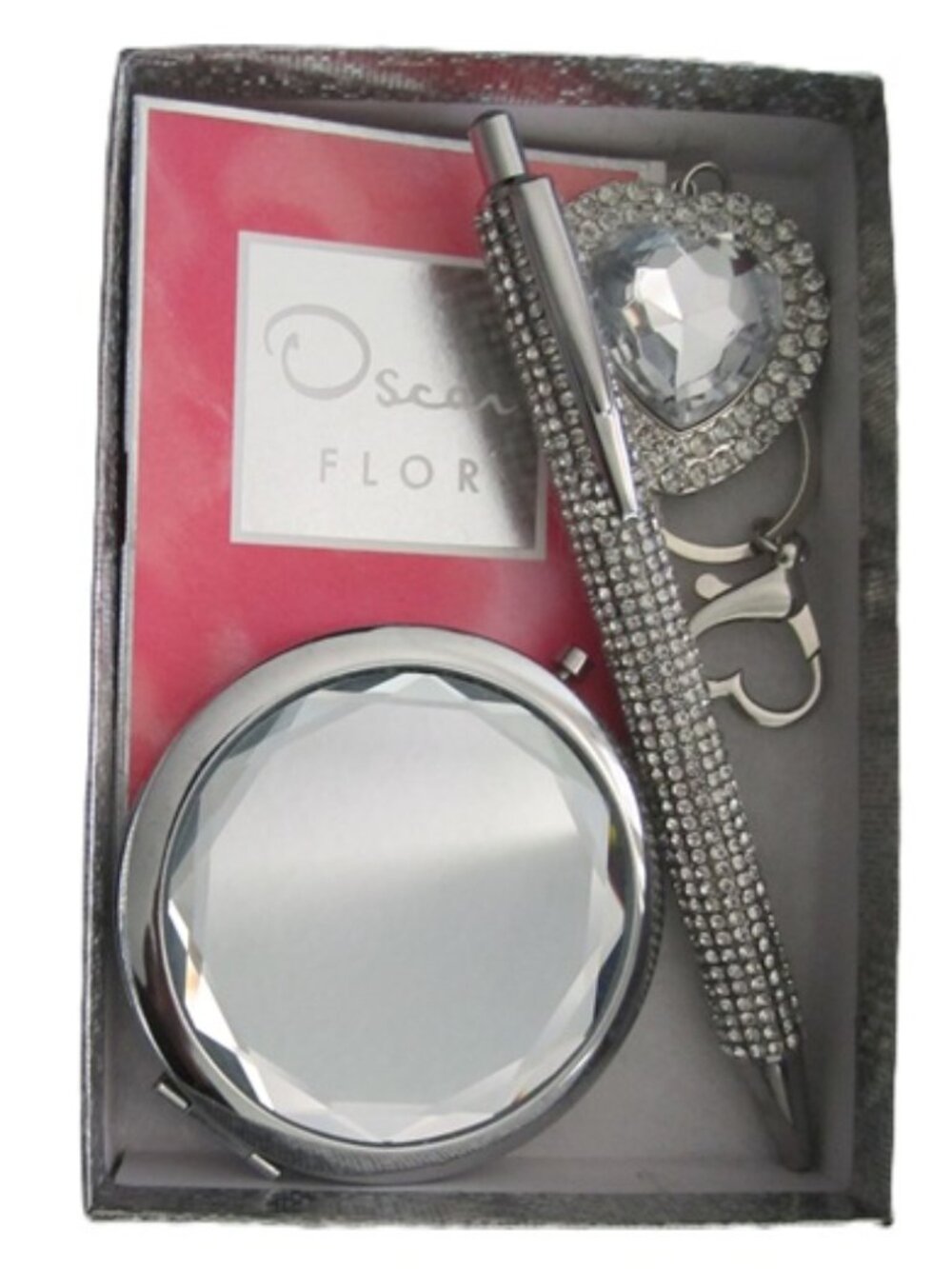 Crystal Purse Set Compact Mirror, Keychain, Pen & Oscar de la Renta Oscar Flor